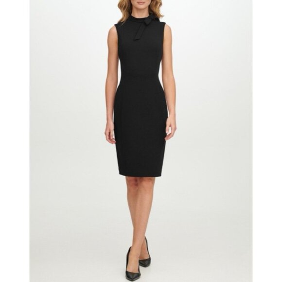Calvin Klein Scuba Sheath Dress 14 Black Bow Sleeveless Stretch Career Church - Picture 1 of 13